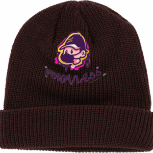 A brown beanie that has the Form/Less logo stitched into it.