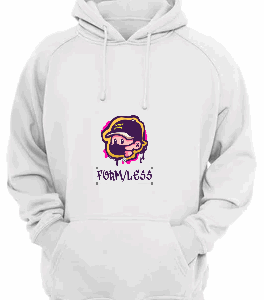 A white hoodie that has the Form/Less logo printed in the middle.